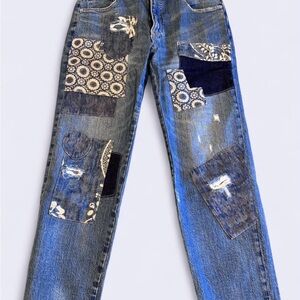 Anthropologie Blue Patchwork Straight Leg Jeans